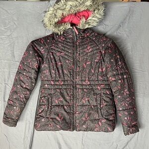 London Fog Kids Puffer Jacket - with faux fur hood Black and Pink size 14/16 Lg